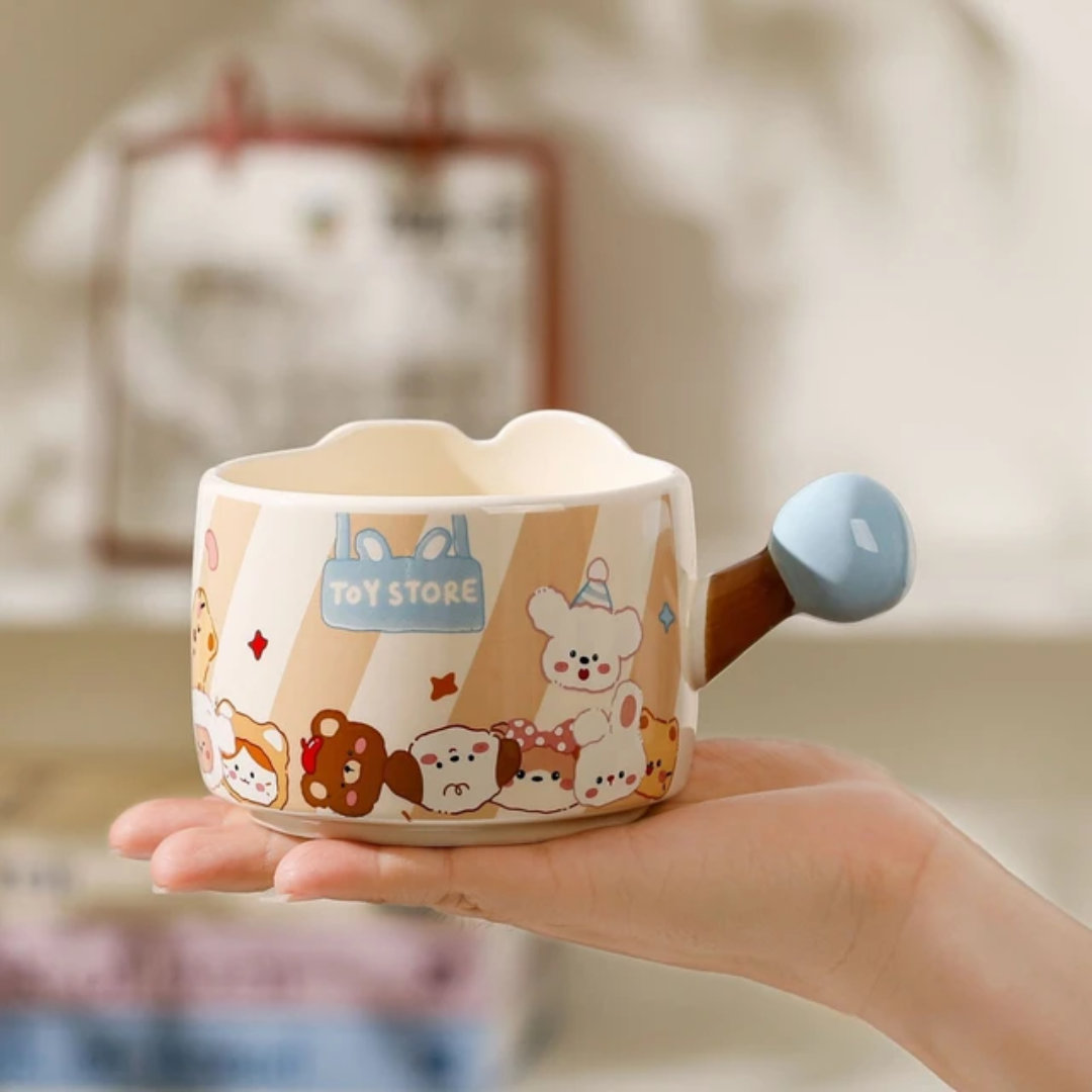 Cute Cartoon Claw Machine Ceramic Mug Set – With Plush Keychain