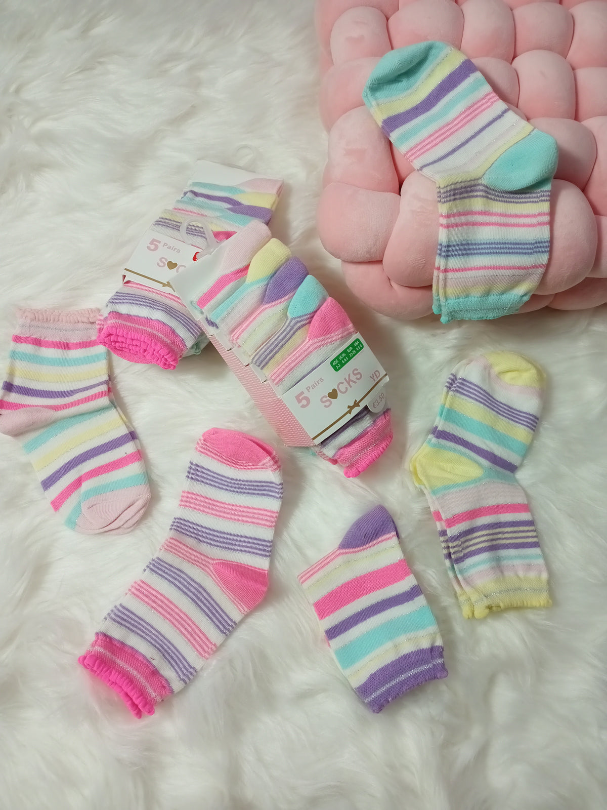 Pack of 5 Girls' Striped Socks(orignal Primark)