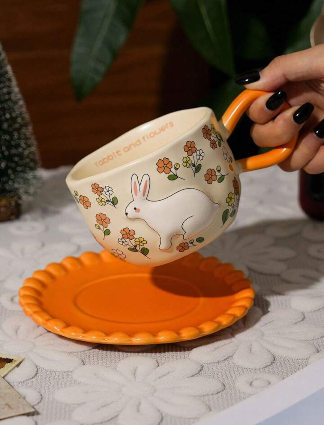 Ceramic Rabbit and Flowers cup and saucer set