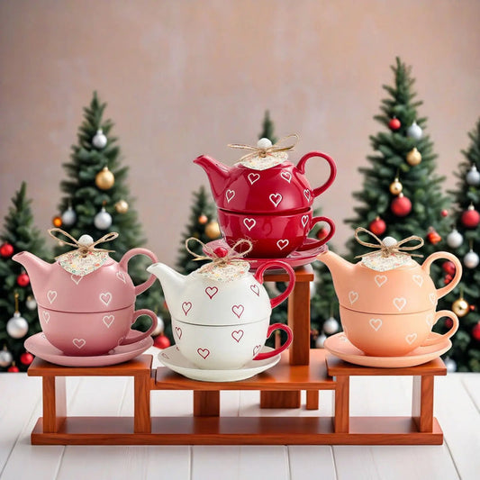 Ceramic Heart Print Teapot & Cup Set With Saucer