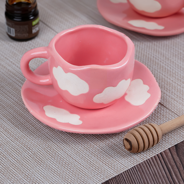 Hand-Painted Pink Sky & Clouds Coffee Cup Set