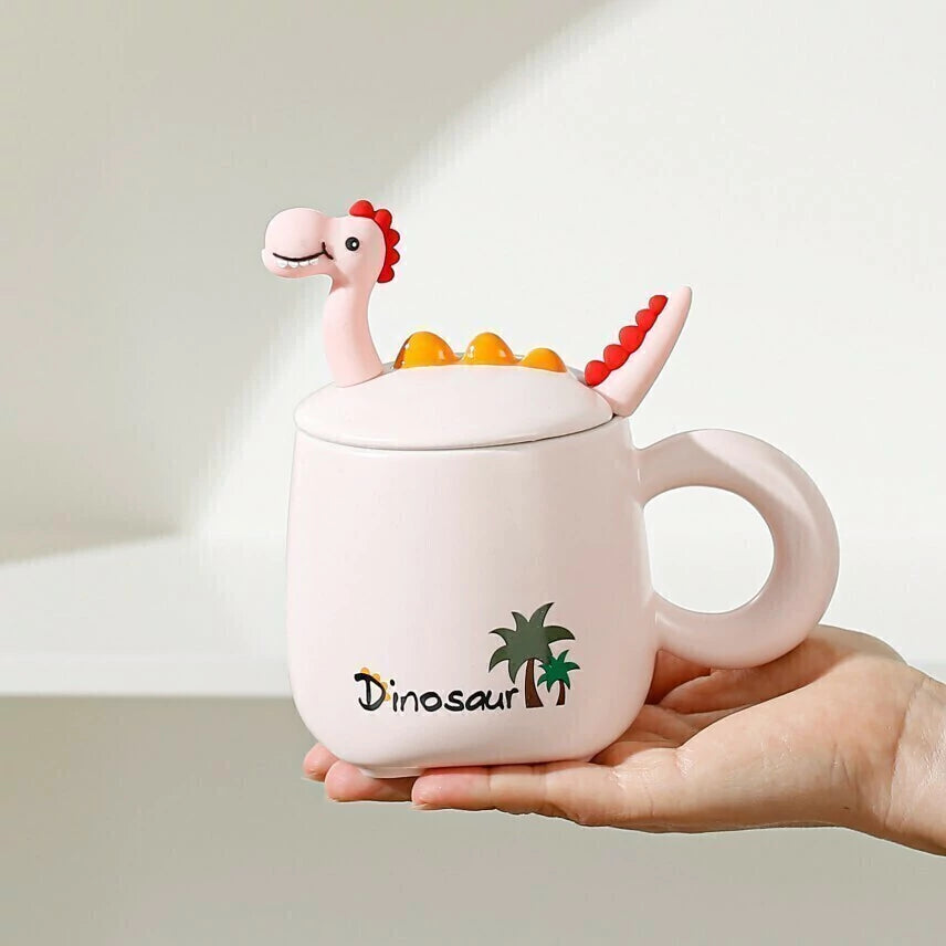Ceramic Dinosaur Mugs with Dinosaur-shaped Lids and Handles.