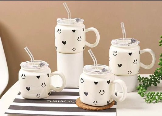 Adorable Ceramic mugs with Lid and Straw