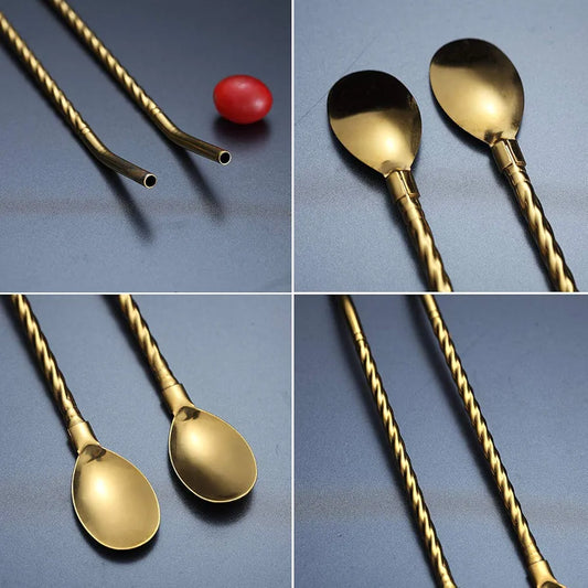 6 Pcs Golden Reusable stainless steel straw spoon With cleaning brush
