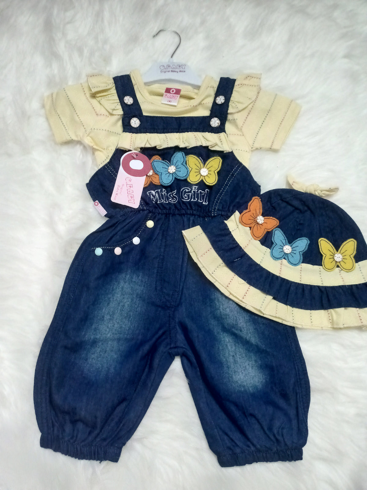Baby Girl's Two-Piece Denim Overall Set With Hat