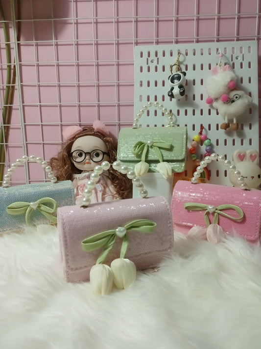 Pink Sequin Mini Handbag With A Pearl Handle