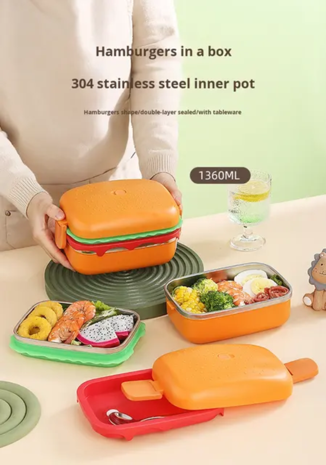 Multi Layer Stainless Steel Burger Lunch Box With Utensils