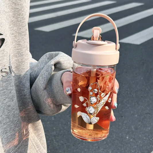 Elegant Floral Glass Bottle with Straw Lid- Glassware