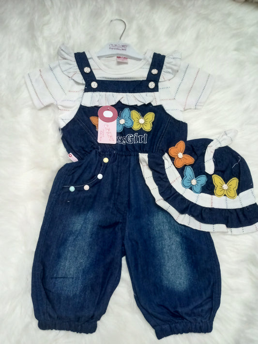Baby Girl's Two-Piece Denim Overall Set With Hat