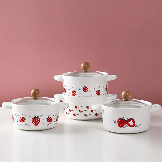 Strawberry Ceramic Bowl Set with Lids & Handles