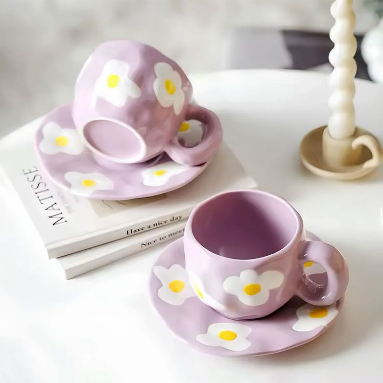 Hand-Painted Ceramic lilac Flower Mug And Saucer Set