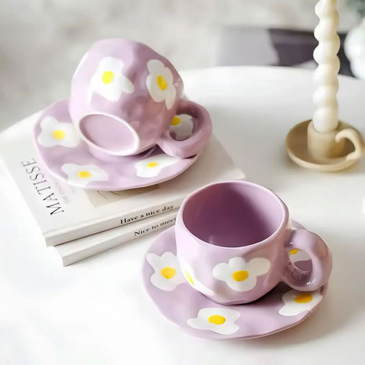 Hand-Painted Ceramic lilac Flower Mug And Saucer Set
