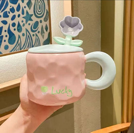 Ceramic Flower Design Spoon Coffee Mug