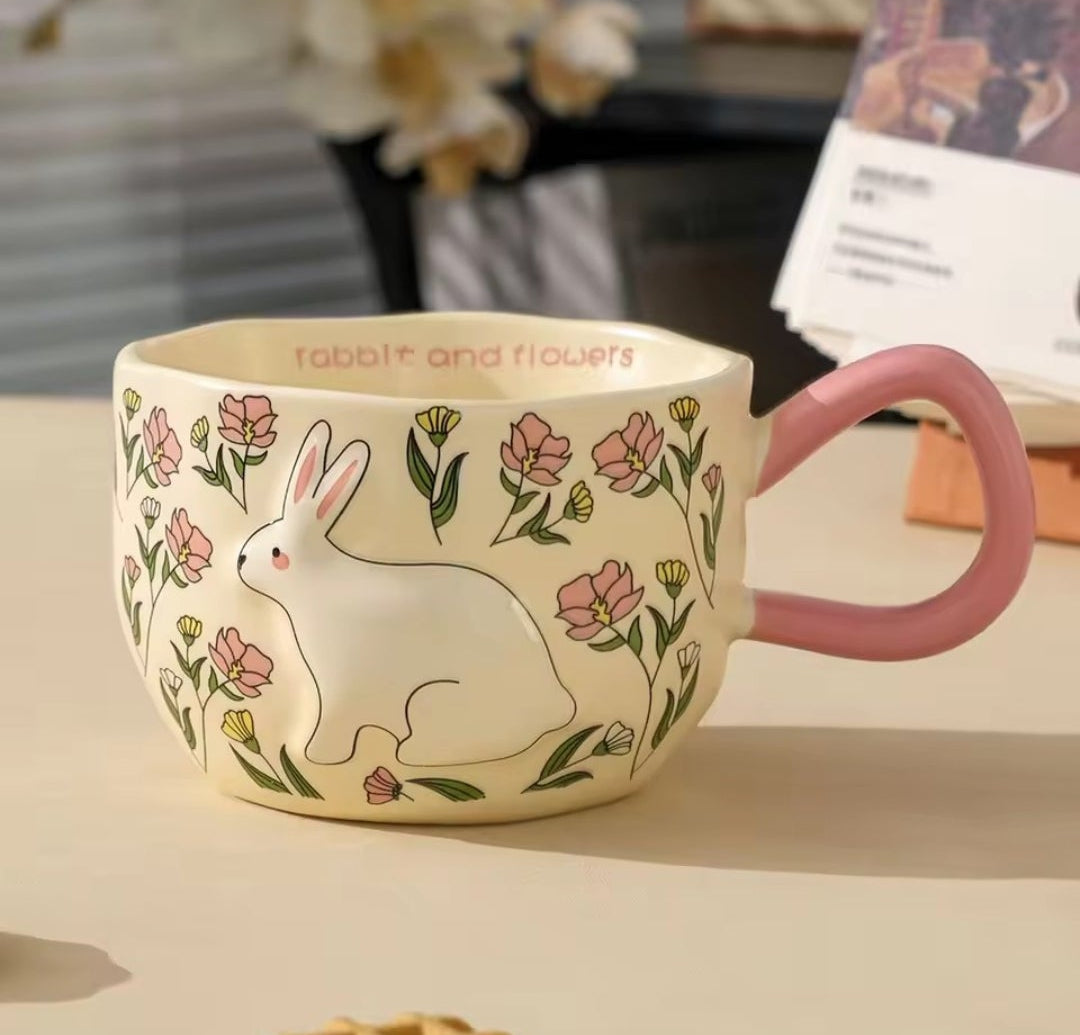 Ceramic Rabbit and Flowers Mug