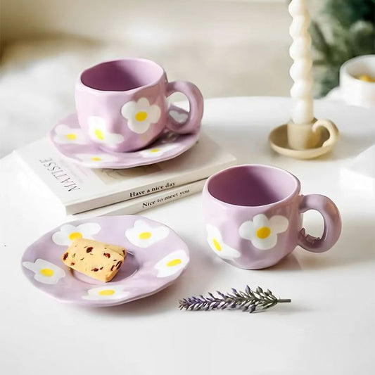 Hand-Painted Ceramic lilac Flower Mug And Saucer Set