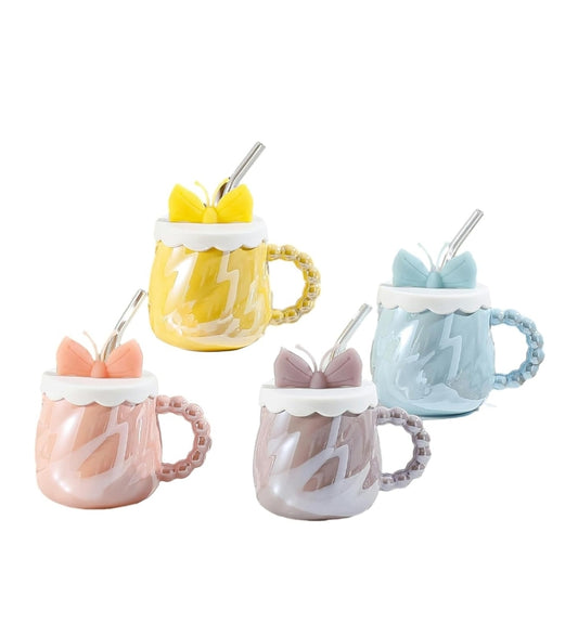 300ml/10.14oz Creative Pearlescent Glaze Bowtie Straw Girl INS Style Mug