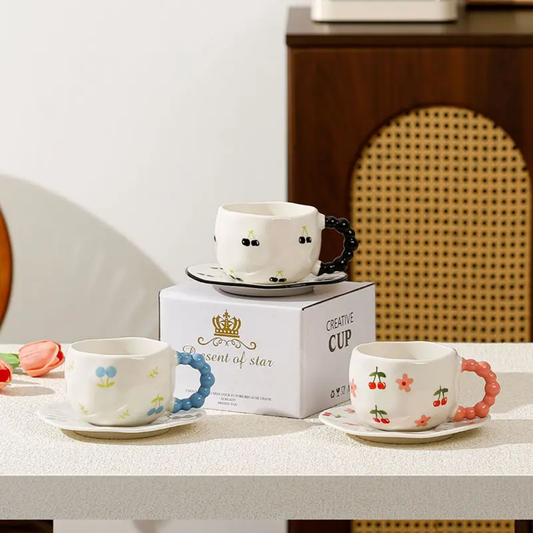 Whimsical Hand-Pinched Ceramic Mug & Saucer Set
