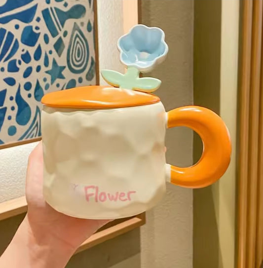 Ceramic Flower Design Spoon Coffee Mug